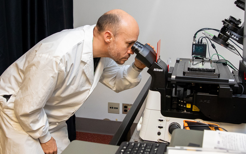 Johnny looking into a microscope